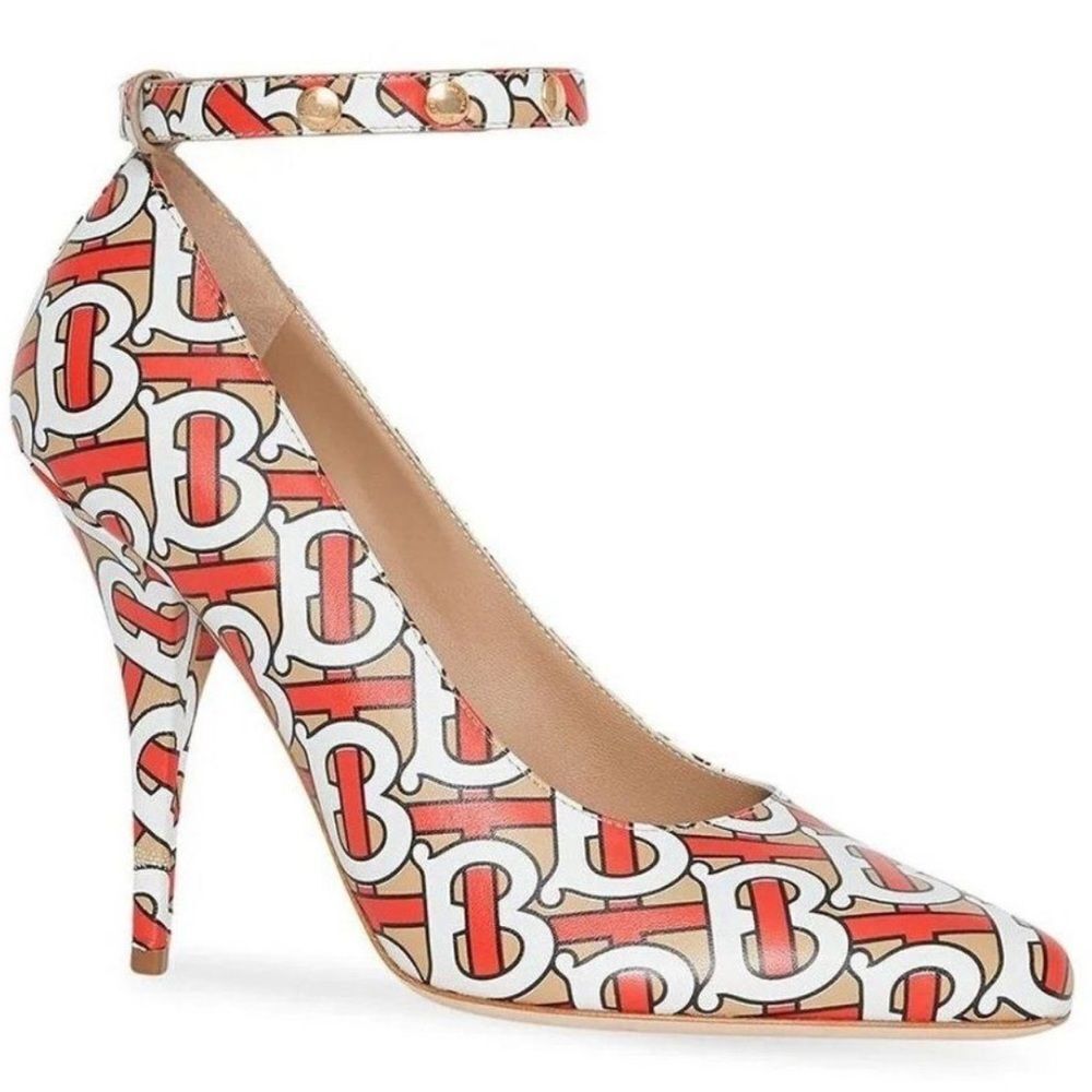 NWT BURBERRY Runway Red & Beige TB Monogram Logomania Ankle Strap Pumps …